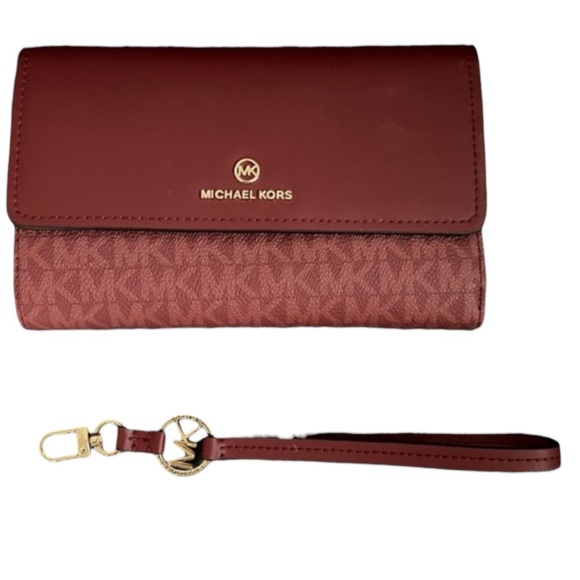 Michael Kors Jet Set Charm Large Flap Phone Wristlet In Logo/Oxblood NEW! - Picture 1 of 5